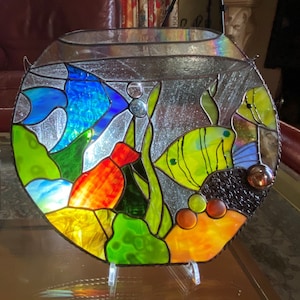 Stain Glass Window Hangings 12&quot; Aquarium with Fish, Real Glass Panel for Living Room Decor, Ocean Glass Art, Coastal Home Decor, Mom Gifts