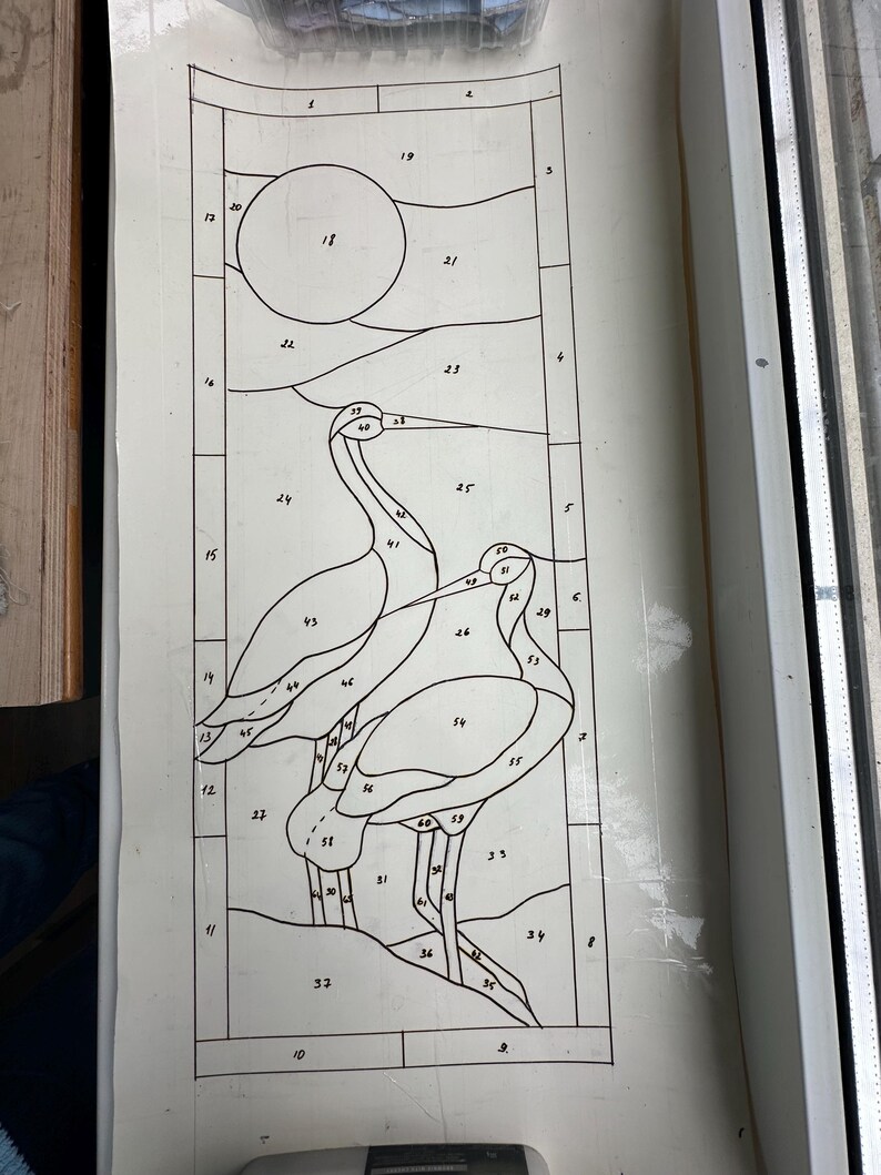 Modern stained glass| Gray Heron Panel |Japanese Crane Window Hanging | Nature Bird Glass Art | Tiffany Zen Home Decor H 25 3/8 " x W 10"