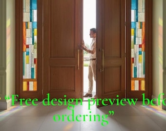 custom window panel| Geometric Stained Glass| Stained Glass Entryway & Sidelights