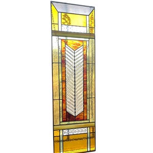 Geometrisk målat glaspanel, Frank Lloyd Wright-inspirerad fönsterbonad, handgjord inredning i präriestil, unik inflyttningspresent.