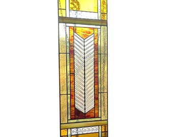 Geometric Stained Glass Panel, Frank Lloyd Wright Inspired Window Hanging, Handmade Prairie Style Decor, Unique Housewarming Gift.