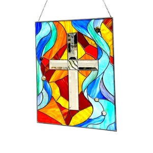 Stained Glass Church Window Panel, Catholic Cross Glass Panel, Colored Glass for Prayer Room or Office Partition, Religious Stain Glass Art