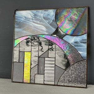 Iridescent Cityscape Stained Glass Panel, Handcrafted Window Hanging Suncatcher, Modern Architectural Glass Art, Home Decor Gift