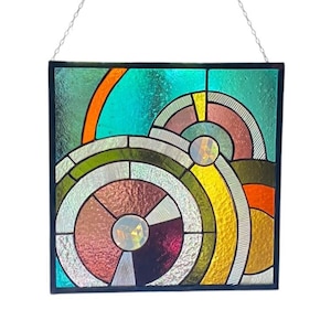 Abstract Stained Glass Window Panel, Boho Geometric Hanging Art Glass, Modern Sun Catcher, Art Deco Glass Art, Rainbow Wall Hanging