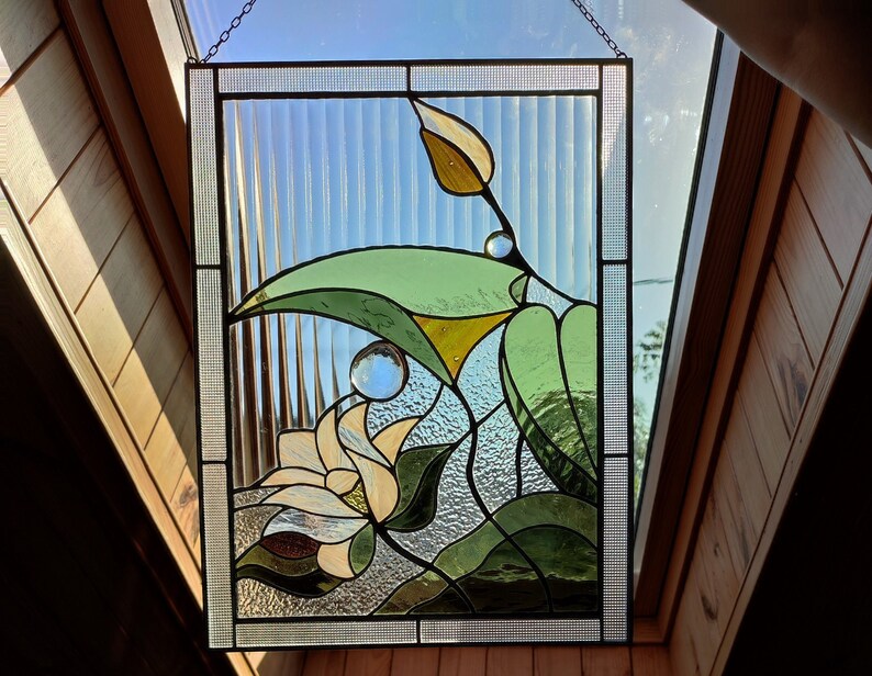 Stain Glass Panel Water Lily White Lotus Stained Glass Hanging Etsy