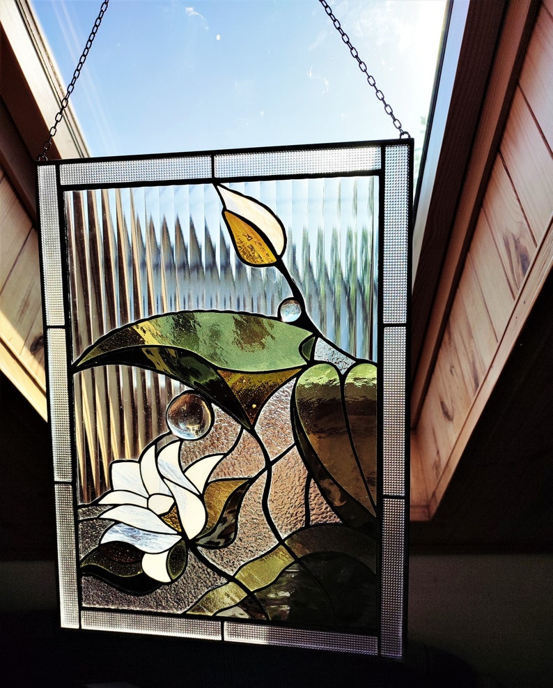 Stain Glass Panel Water Lily White Lotus Stained Glass Hanging Etsy