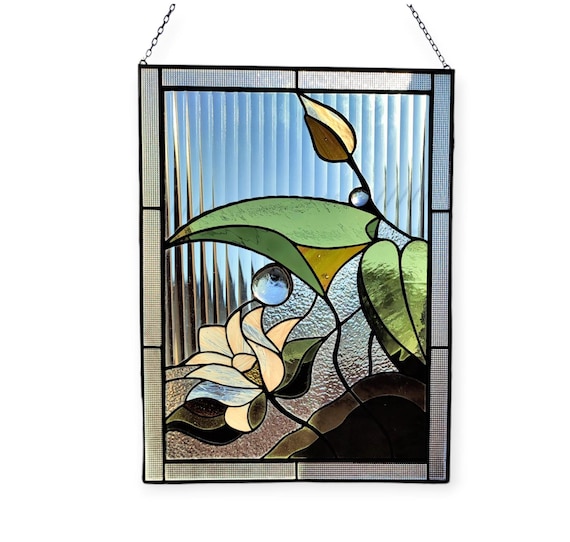 新到着 Stain Glass Panel/ Water Lily/white Lotus Stained Glass 工芸品