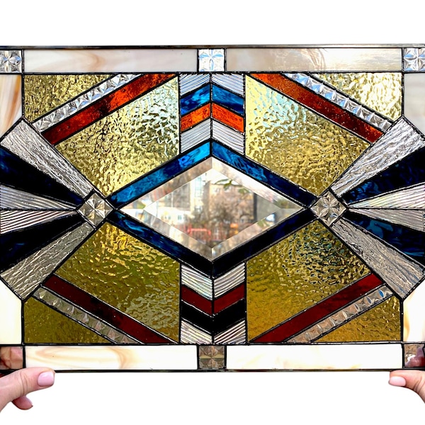 Art Deco Stained Glass Panel 12x16 | Geometric Blue Amber Beveled Window Hanging | Tiffany Glass Wall Art | Mid Century Modern