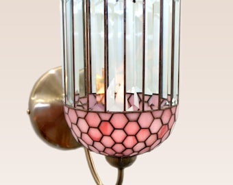 Custom Pink Stained Glass Wall Lamp, Boho Glass Wall Sconce, Hallway Lighting, Vintage Style Light, Bedroom Nightlight, Sconce Lighting