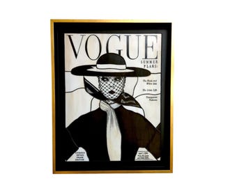 Art Deco Stained Glass Panel: Vogue Portrait, Black & White Decor