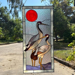 Modern stained glass| Gray Heron Panel |Japanese Crane Window Hanging | Nature Bird Glass Art | Tiffany Zen Home Decor H 28" x W 13"