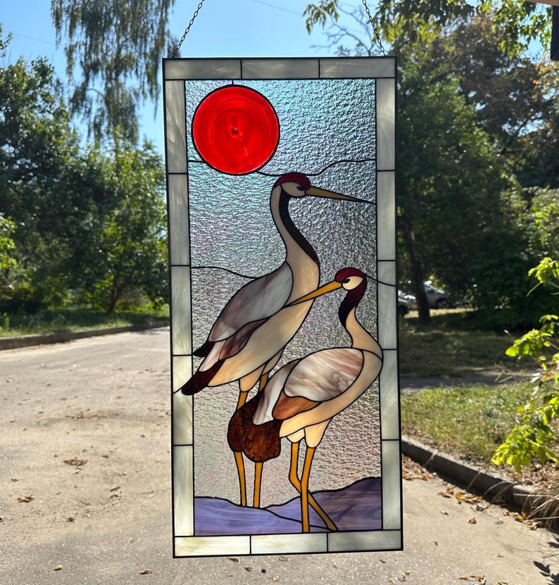 Modern stained glass| Gray Heron Panel |Japanese Crane Window Hanging | Nature Bird Glass Art | Tiffany Zen Home Decor H 28" x W 13"