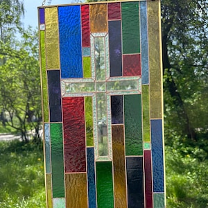 Stained Glass Cross Panel, Christian Religious Window Hanging, Prayer Room Glass Art, Faith Home Decor, Cross Suncatcher, Christian Artwork