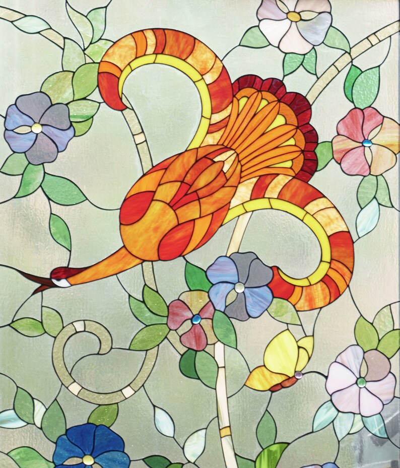 Custom stain glass panel The Bird of Happiness/stained glass window hangings/stained glass tiffany/wedding parent giftBirds stained glass 16 х 20 inches