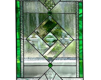Ventana de vidrieras geométricas verdes / Panel de privacidad biselado / Adorno para ventana de baño / Vidrio personalizado de estilo art déco moderno