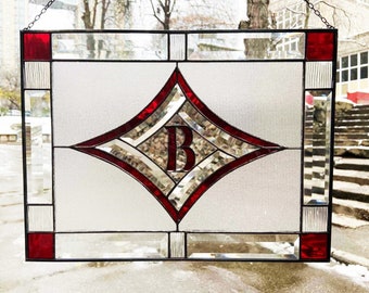 Modern stained glass window with bevels/Personalized Stain Glass Panel/ Window Hanging/one of a kind stained glass