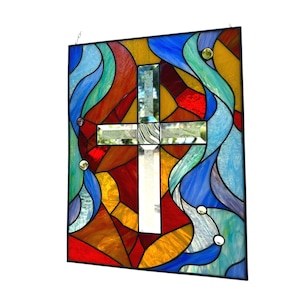 Custom Stained Glass Cross, Stain Glass Window Church, Spiritual Glass Art Panel, Religious Suncatcher, Cross Wall Hanging, Baptism Gift