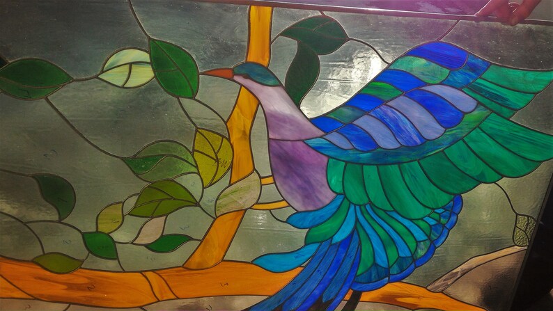Custom stain glass panel The Bird of Happiness/stained glass window hangings/stained glass tiffany/wedding parent giftBirds stained glass image 4