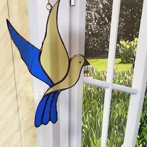 Vitrail oiseau drapeau ukrainien Colombe de la paix attrape-soleil symboles ukrainiens attrape-soleil pigeon fabriqué en Ukraine tentures de fenêtre