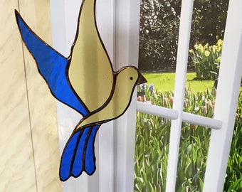 Stained glass bird Ukrainian flag  Dove of peace suncatcher Ukrainian symbols suncatcher  pigeon made in Ukraine window hangings