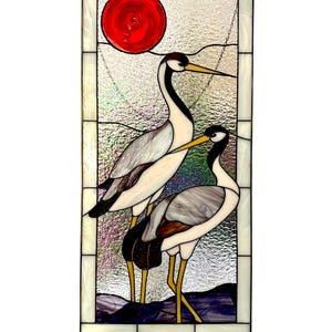 Stained glass window Gray Heron /stained glass art/ japanese crane bird /Anniversary gift/Stained glass artwork