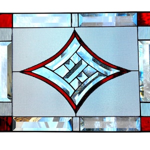 Robijnrood geometrisch glas-in-loodpaneel | Afgeschuinde deurinzet | Privacyvenster | Aangepast art-deco Tiffany-glas