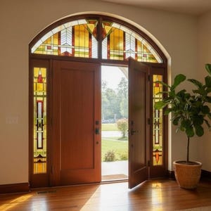 Puede incluir: Una puerta de entrada de madera con un tragaluz y laterales de vidrieras. La puerta está abierta, revelando una vista de un césped verde y árboles. Una planta en maceta se encuentra a la derecha de la puerta.