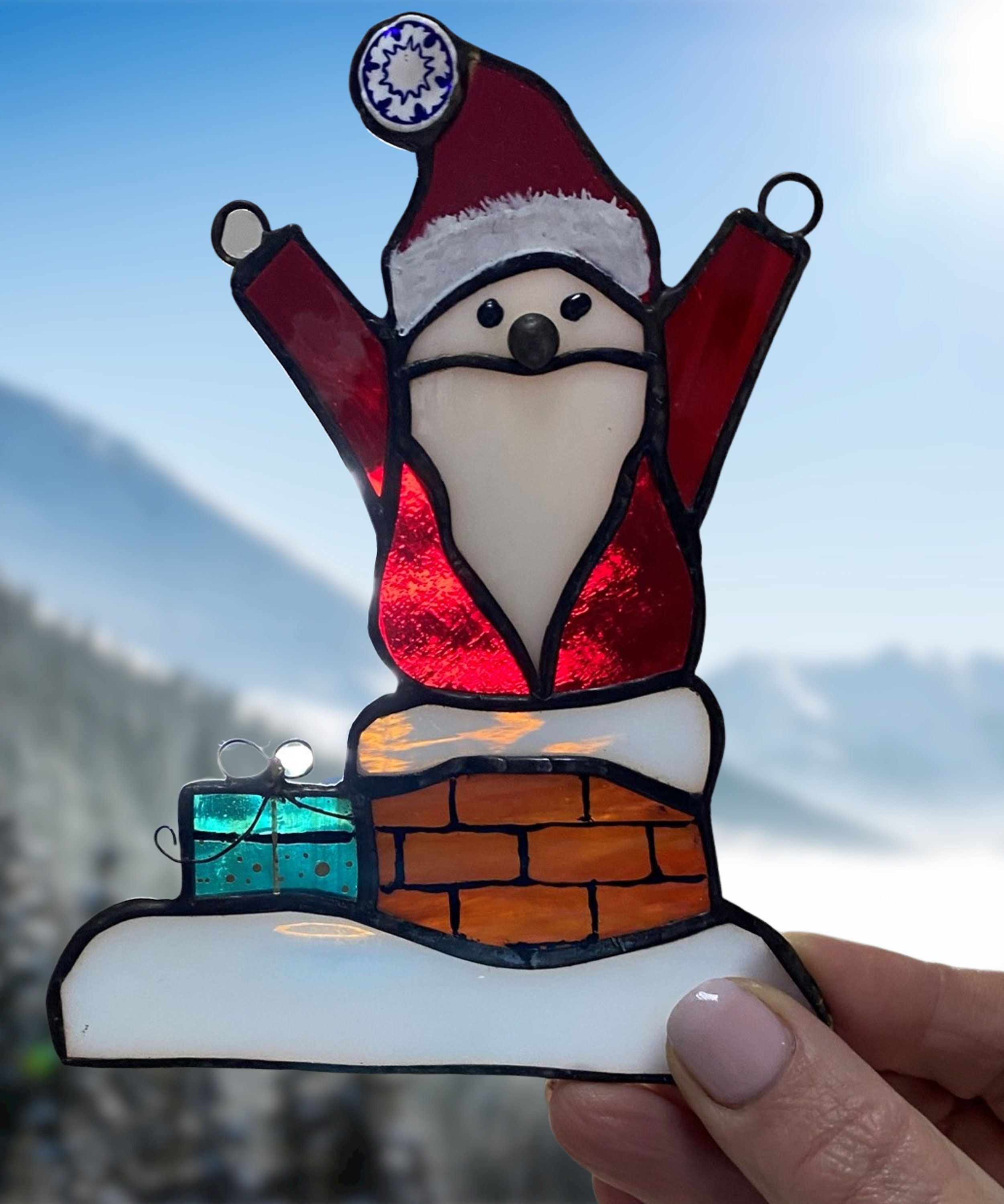 ステンドグラス　オブジェ　クリスマスツリー　サンタ サンタクロースとクリスマスツリーを ステンドグラスで作りました