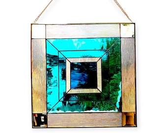 Art Deco Stained Glass Suncatcher: Geometric Turquoise Beveled Glass