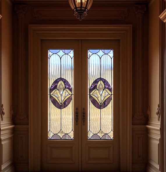 Abgeschrägte Buntglasscheibe - Luxuriöses kundenspezifisches Buntglas für Eingangstüren oder Fenstereinsätze / Fleur-de-Lis-Buntglas