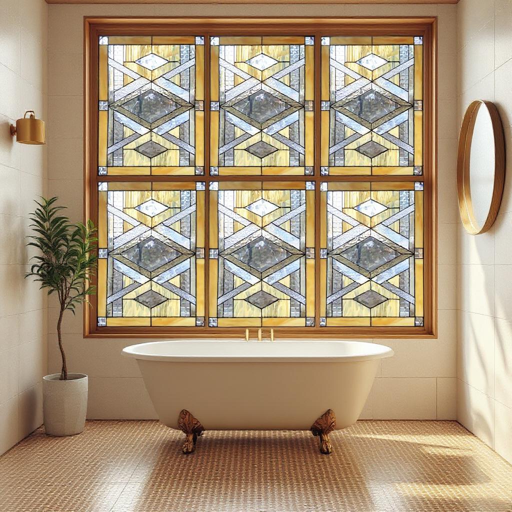 フランク・ロイド・ライト風の幾何学的なステンドグラスパネル/ミッド