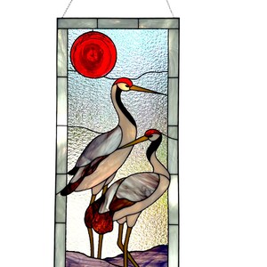 Modern stained glass| Gray Heron Panel |Japanese Crane Window Hanging | Nature Bird Glass Art | Tiffany Zen Home Decor image 2