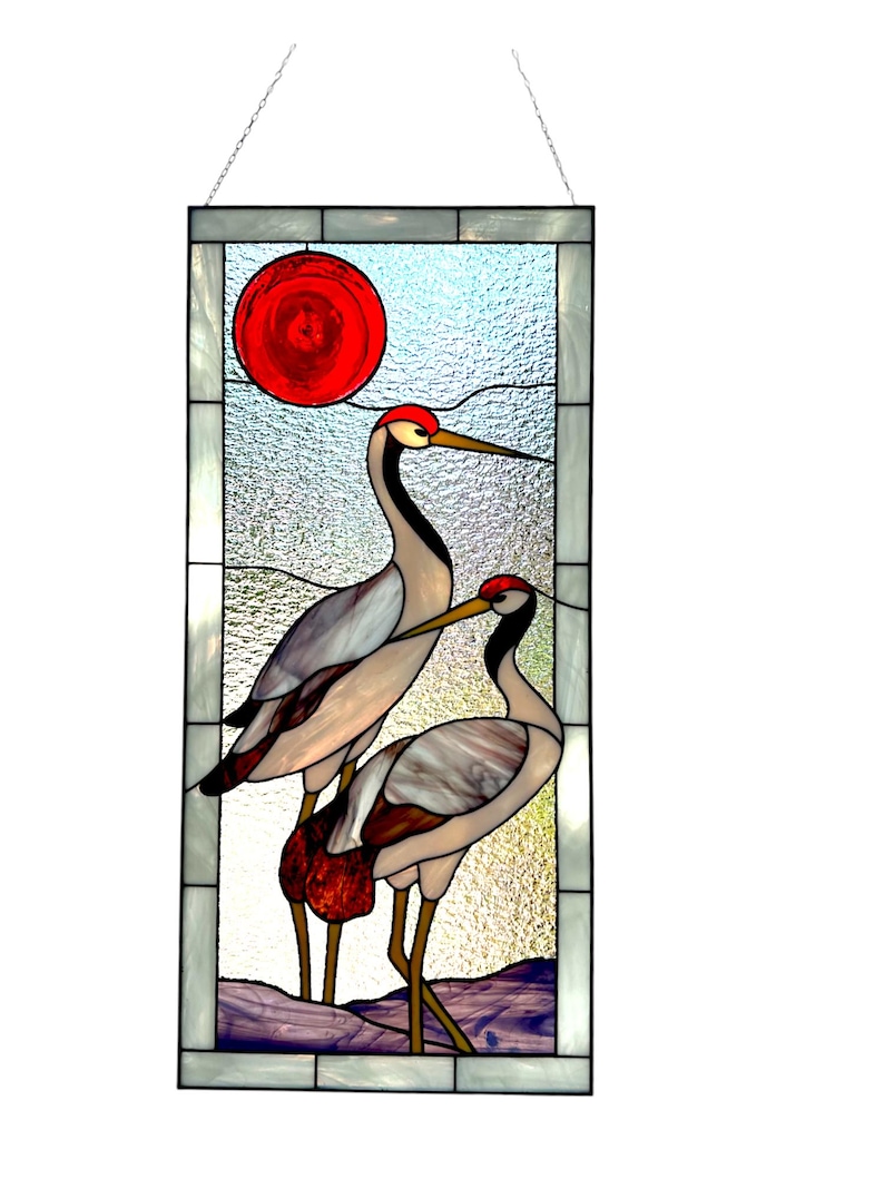 Modern stained glass| Gray Heron Panel |Japanese Crane Window Hanging | Nature Bird Glass Art | Tiffany Zen Home Decor image 2