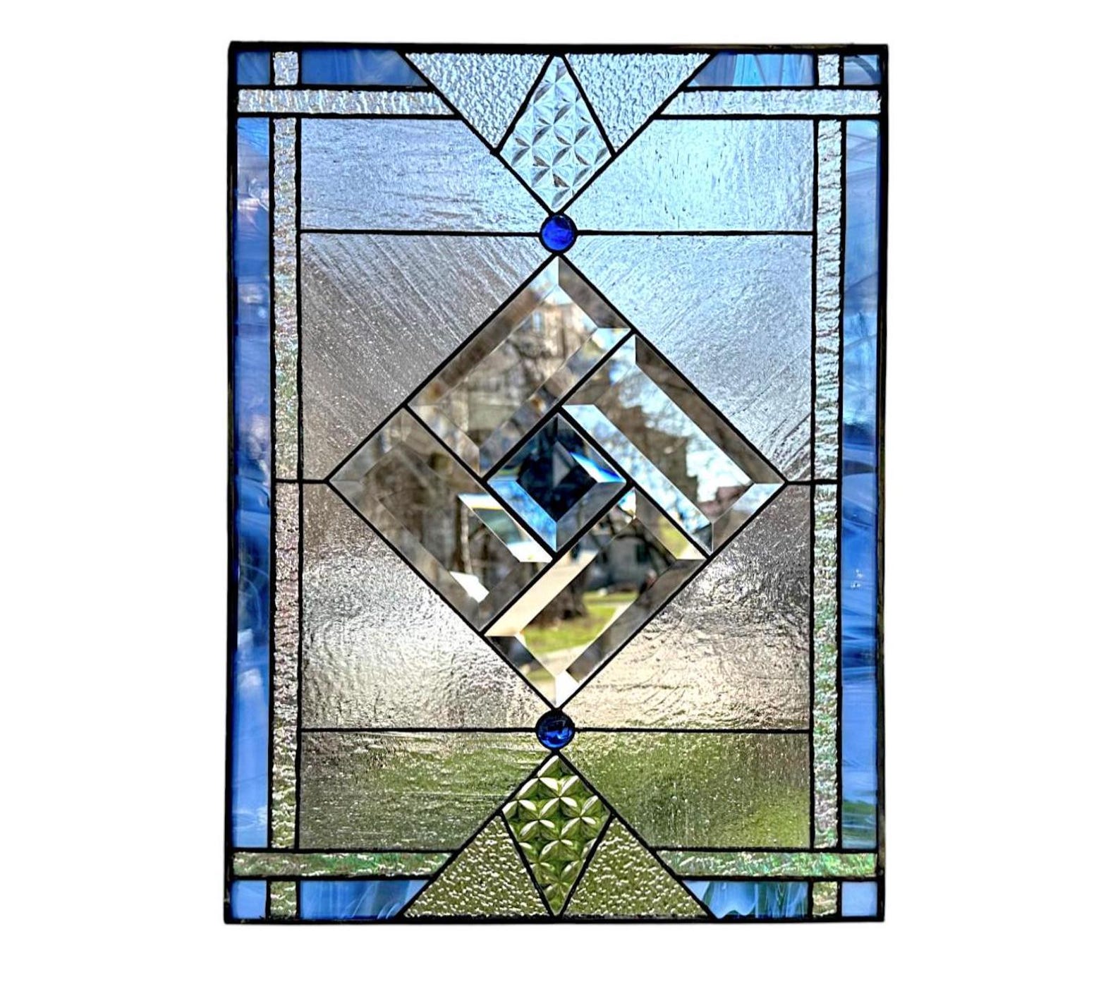 Geomoetric Inset Blue Stained Glass Panel Art Deco |geometric Window Insert |mid Century ...