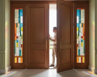 custom window panel| Geometric Stained Glass| Stained Glass Entryway & Sidelights