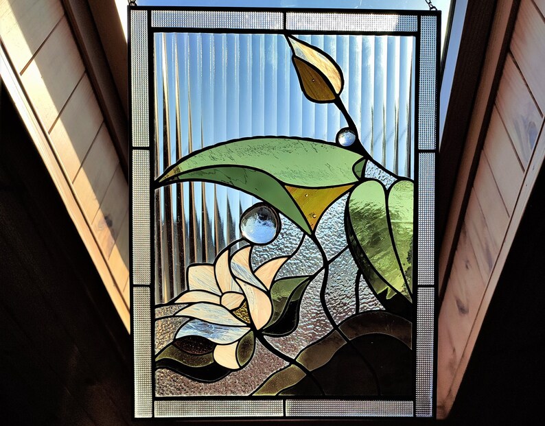 Stain Glass Panel Water Lily White Lotus Stained Glass Hanging Etsy