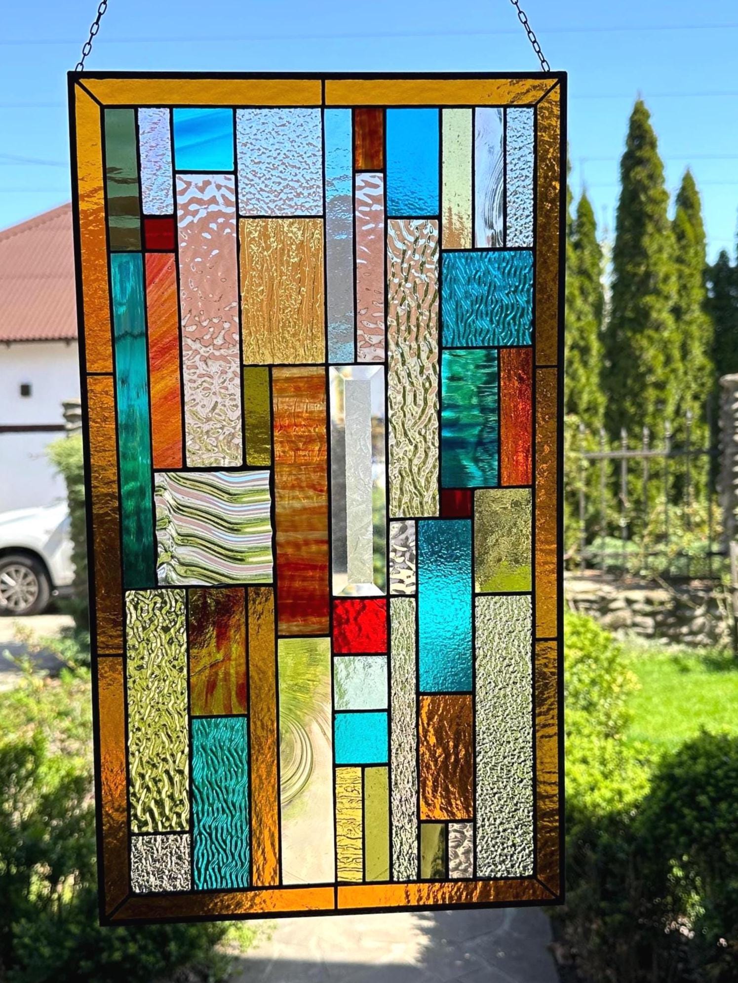 Benutzerdefinierte Buntglas-Panel, farbige Glaskunst, Geometrische Buntglas-Fensterbehänge, Benutzerdefinierte Glas-Haustür, Boho Glaswandkunst