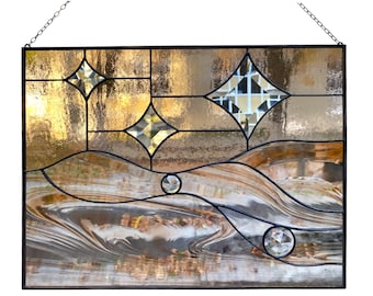 Abstract Bevels Stained Glass /Stained window glass 11.8 &quot;x 15.7&quot; /Mid century modern /stained glass front door/ stain glass window for sale