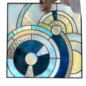 Blue Ocean Stained Window Glass, Art Deco Glass Art, Mid Century Modern Decor, Blue Stained Glass Panel, Abstract Window Hanging Decor, Gift