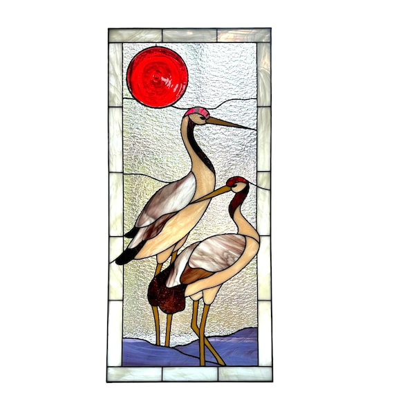 Modern stained glass| Gray Heron Panel |Japanese Crane Window Hanging | Nature Bird Glass Art | Tiffany Zen Home Decor