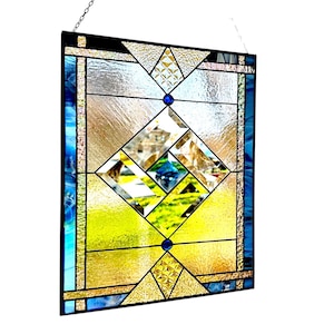 Stained window glass/stained glass door  insert/Clear & Blue Beveled Glass Hanging Window Panel/