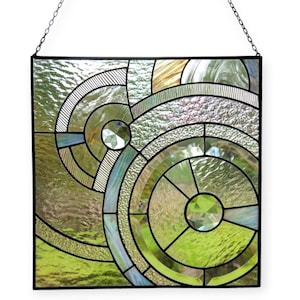 Clear Stained Glass Window Panel, Modern Geometric Suncatcher, Glass Door Insert, Window or Cabinet Insert, Privacy Glass, Art Deco, Gift