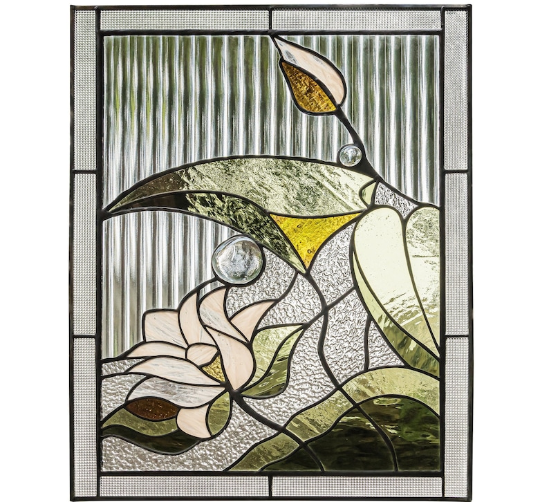 Stain Glass Panel Water Lily White Lotus Stained Glass Hanging Etsy