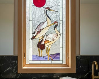 Custom Stained Glass Bathroom Window | Japanese Crane Privacy Panel | Gray Heron Door Insert | Zen Tiffany Nature Glass
