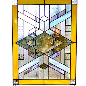 Vitral geométrico moderno, estilo Frank Lloyd Wright, panel de vidrio art déco, puerta de entrada de vidrio personalizada, atrapasol, insertos de ventana