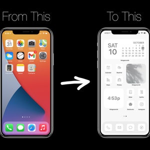 May include: A screenshot of an iPhone displaying a customized home screen with a calendar widget, a weather widget, and a photo widget. The home screen also includes icons for apps such as Maps, Photos, and Widgetsmith.