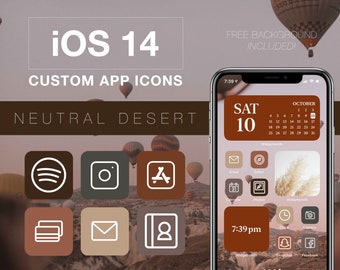 Pode incluir: Uma captura de tela de um iPhone com um conjunto de ícones de aplicativos personalizados do iOS 14 com tema de deserto neutro. Os ícones estão dispostos em uma grade e incluem aplicativos como Spotify, Instagram, Apple Music, Gmail, Calendário, Fotos, Relógio, Câmera, Snapchat e Facebook. O fundo é uma imagem desfocada de balões de ar quente no céu.