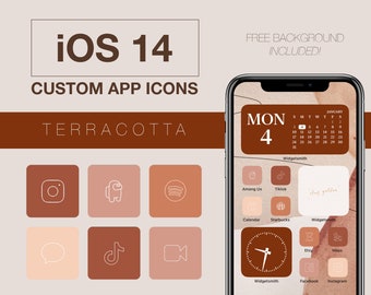 Pode incluir: Um conjunto de ícones de aplicativos personalizados para iOS 14 em um esquema de cores terracota. Os ícones apresentam uma variedade de aplicativos populares, incluindo Instagram, TikTok, Spotify e muito mais. Os ícones são projetados para combinar com um fundo terracota e são perfeitos para personalizar a tela inicial do seu telefone.
