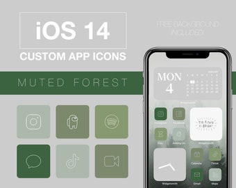 Pode incluir: Um conjunto de ícones de aplicativos personalizados para iOS 14, com um esquema de cores verde e cinza atenuado. Os ícones são projetados para parecer uma floresta. Os ícones incluem Instagram, Facebook, Etsy, Among Us, Calendário, TikTok, Gmail e Mapas. O texto "The Future is Bright" também está incluído na imagem.