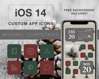 200 + Minimal Christmas Apple iPhone iOS 14 App Icons Dark Pack Wallpaper Included Bonus Red green holiday Icons for Shortcuts App festive